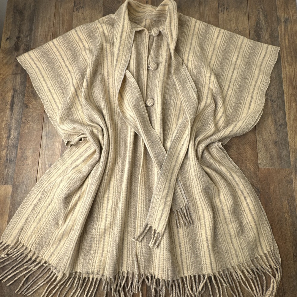 Vintage Wool Handmade Poncho Cape Striped‎ Beige Button Fringe Shawl Wrap